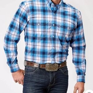 MENS LONG SLEEVE BUTTON STRETCH POPLIN BLUE PLAID WESTERN SHIRT